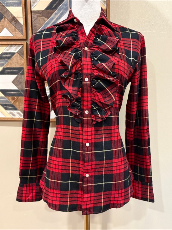 Ralph Lauren Tops - Vintage Ralph Lauren Red and Black Plaid Flannel Cotton Button-Up Ruffle Top 6